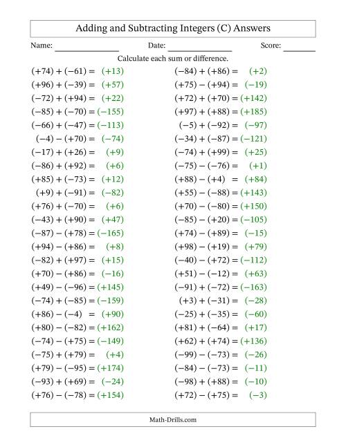 The Adding and Subtracting Mixed Integers from -99 to 99 (50 Questions; All Parentheses) (C) Math Worksheet Page 2