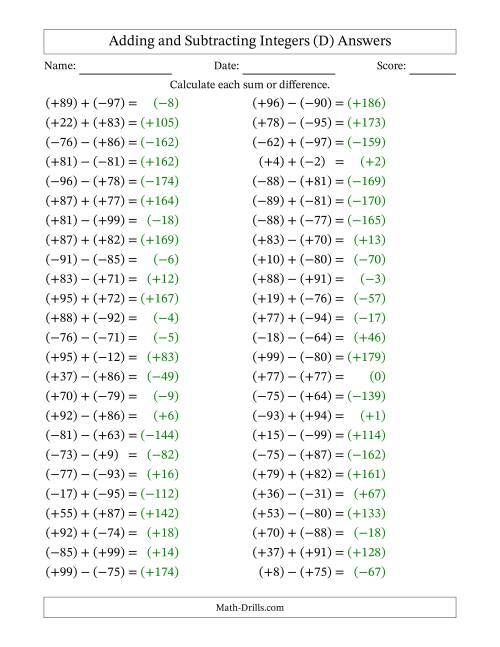The Adding and Subtracting Mixed Integers from -99 to 99 (50 Questions; All Parentheses) (D) Math Worksheet Page 2