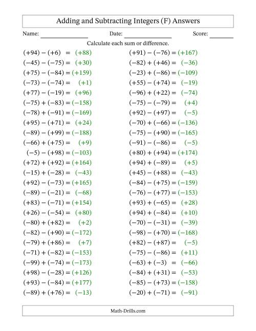 The Adding and Subtracting Mixed Integers from -99 to 99 (50 Questions; All Parentheses) (F) Math Worksheet Page 2