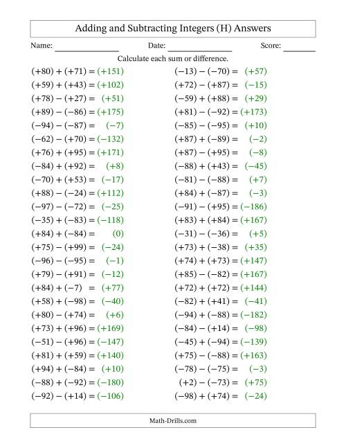 The Adding and Subtracting Mixed Integers from -99 to 99 (50 Questions; All Parentheses) (H) Math Worksheet Page 2