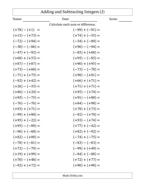 The Adding and Subtracting Mixed Integers from -99 to 99 (50 Questions; All Parentheses) (J) Math Worksheet