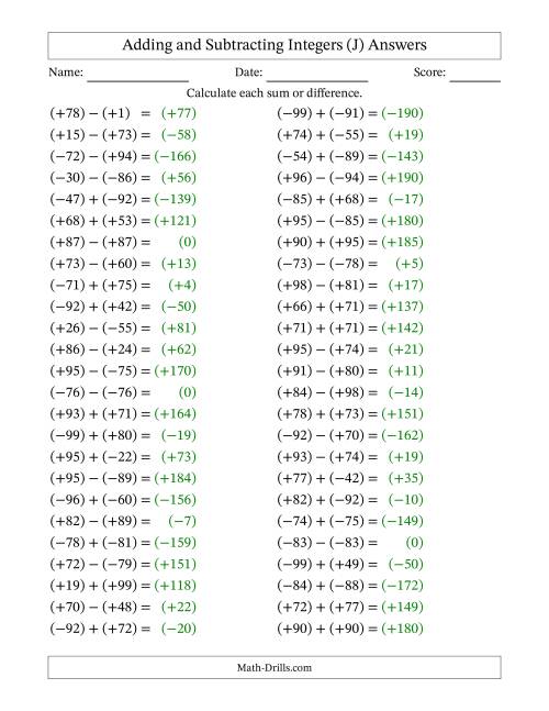 The Adding and Subtracting Mixed Integers from -99 to 99 (50 Questions; All Parentheses) (J) Math Worksheet Page 2