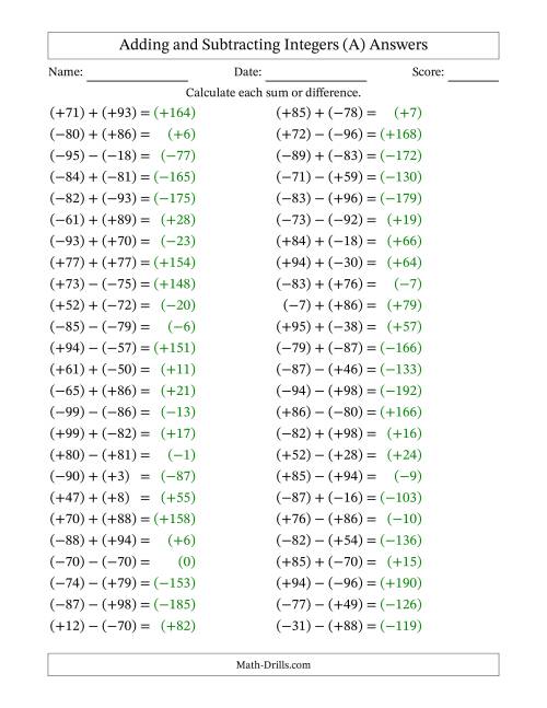 The Adding and Subtracting Mixed Integers from -99 to 99 (50 Questions; All Parentheses) (All) Math Worksheet Page 2