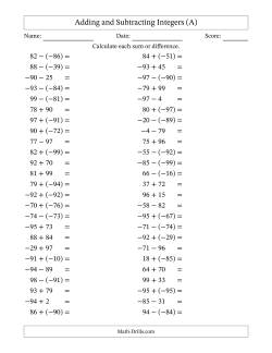 Adding and Subtracting Mixed Integers from -99 to 99 (50 Questions)
