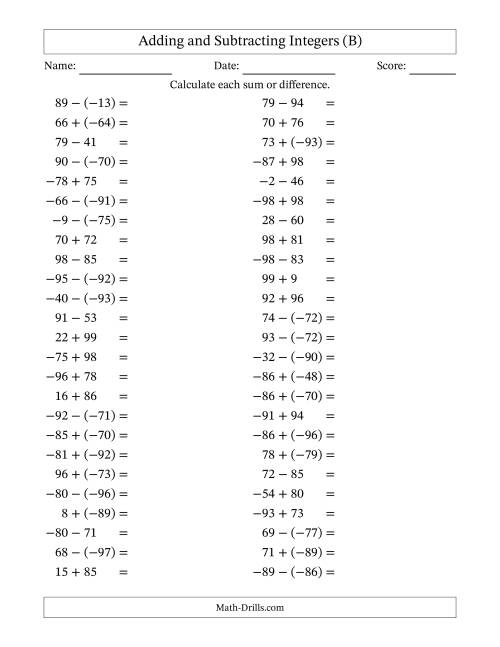 The Adding and Subtracting Mixed Integers from -99 to 99 (50 Questions) (B) Math Worksheet