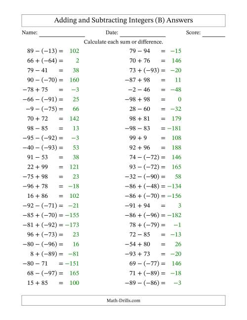 The Adding and Subtracting Mixed Integers from -99 to 99 (50 Questions) (B) Math Worksheet Page 2