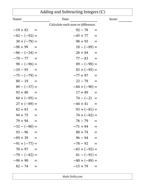 The Adding and Subtracting Mixed Integers from -99 to 99 (50 Questions) (C) Math Worksheet