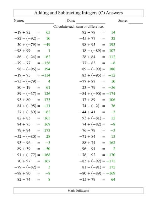 The Adding and Subtracting Mixed Integers from -99 to 99 (50 Questions) (C) Math Worksheet Page 2