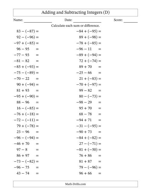 The Adding and Subtracting Mixed Integers from -99 to 99 (50 Questions) (D) Math Worksheet