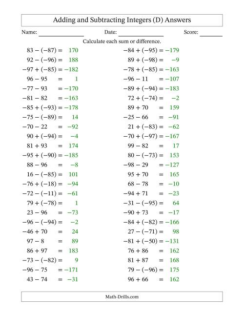 The Adding and Subtracting Mixed Integers from -99 to 99 (50 Questions) (D) Math Worksheet Page 2