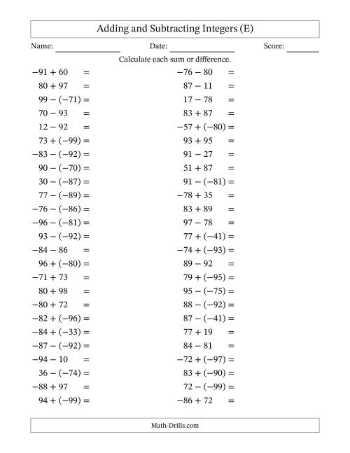 The Adding and Subtracting Mixed Integers from -99 to 99 (50 Questions) (E) Math Worksheet