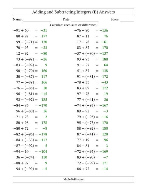 The Adding and Subtracting Mixed Integers from -99 to 99 (50 Questions) (E) Math Worksheet Page 2
