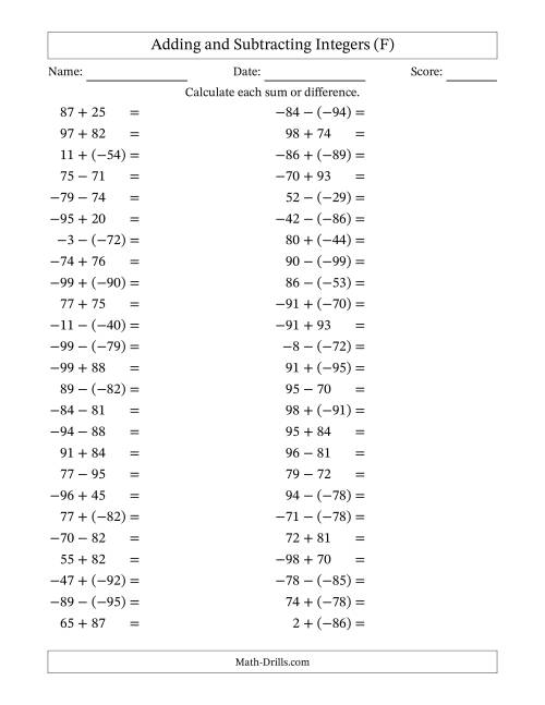 The Adding and Subtracting Mixed Integers from -99 to 99 (50 Questions) (F) Math Worksheet