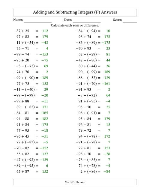 The Adding and Subtracting Mixed Integers from -99 to 99 (50 Questions) (F) Math Worksheet Page 2