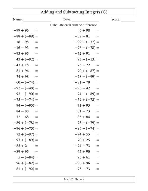 The Adding and Subtracting Mixed Integers from -99 to 99 (50 Questions) (G) Math Worksheet