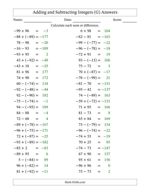 The Adding and Subtracting Mixed Integers from -99 to 99 (50 Questions) (G) Math Worksheet Page 2
