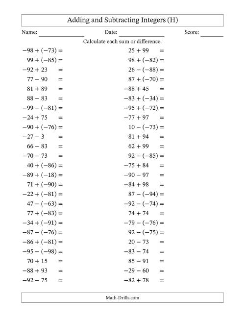 The Adding and Subtracting Mixed Integers from -99 to 99 (50 Questions) (H) Math Worksheet
