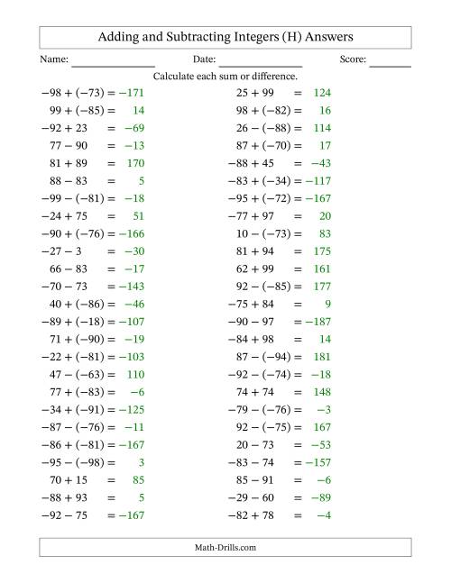 The Adding and Subtracting Mixed Integers from -99 to 99 (50 Questions) (H) Math Worksheet Page 2