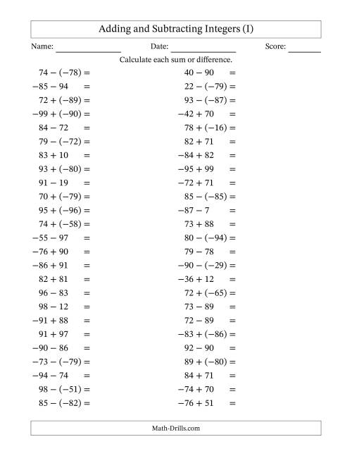 The Adding and Subtracting Mixed Integers from -99 to 99 (50 Questions) (I) Math Worksheet