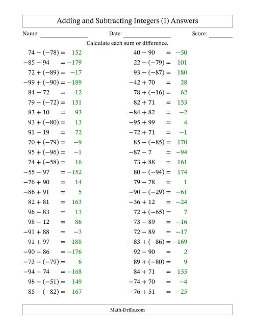 The Adding and Subtracting Mixed Integers from -99 to 99 (50 Questions) (I) Math Worksheet Page 2
