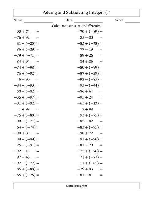 The Adding and Subtracting Mixed Integers from -99 to 99 (50 Questions) (J) Math Worksheet