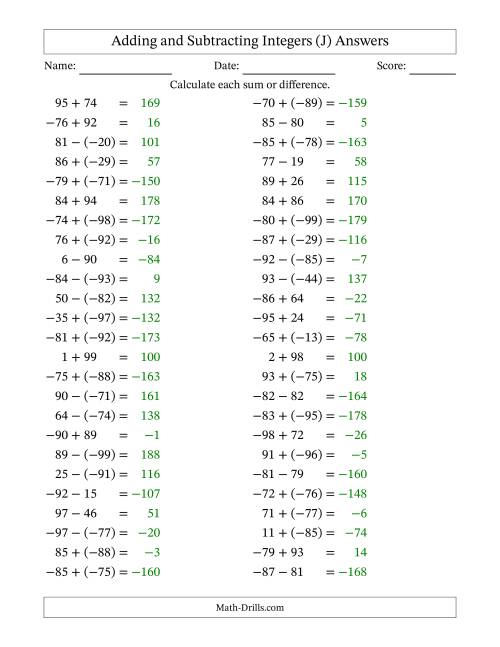 The Adding and Subtracting Mixed Integers from -99 to 99 (50 Questions) (J) Math Worksheet Page 2