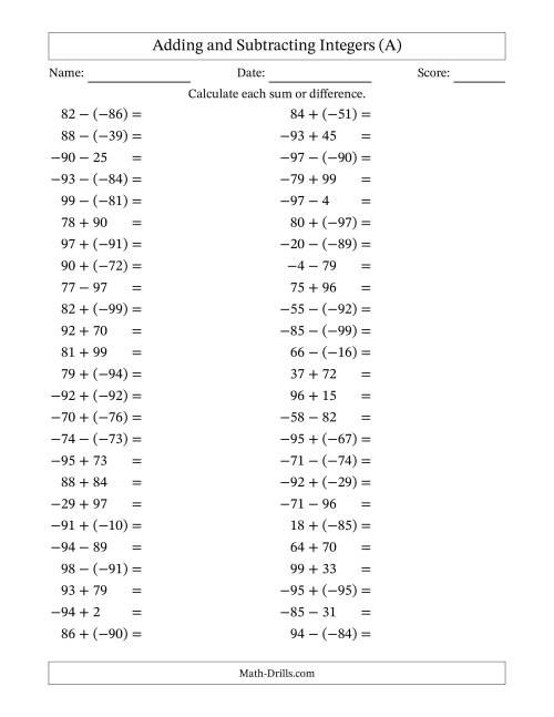 The Adding and Subtracting Mixed Integers from -99 to 99 (50 Questions) (All) Math Worksheet