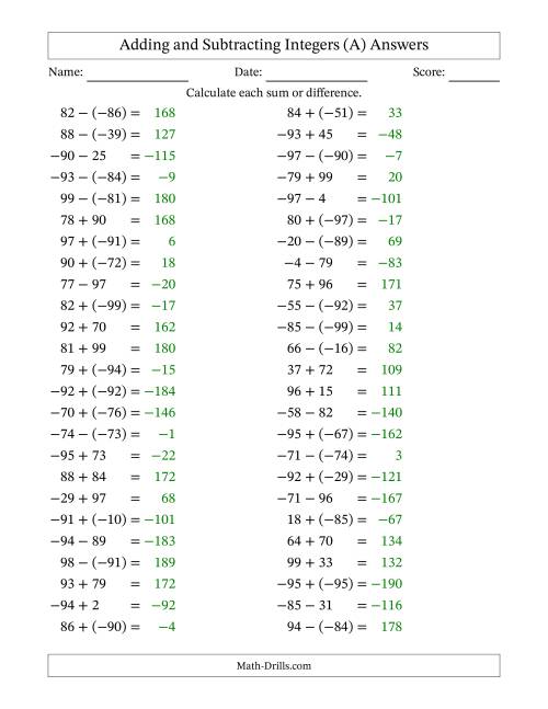 The Adding and Subtracting Mixed Integers from -99 to 99 (50 Questions) (All) Math Worksheet Page 2