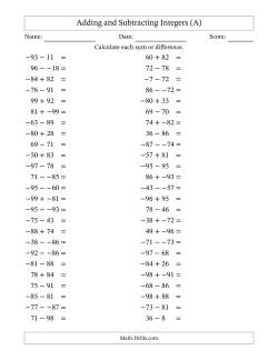 Adding and Subtracting Mixed Integers from -99 to 99 (50 Questions; No Parentheses)