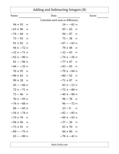 The Adding and Subtracting Mixed Integers from -99 to 99 (50 Questions; No Parentheses) (B) Math Worksheet