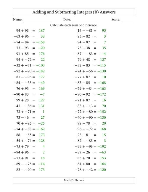 The Adding and Subtracting Mixed Integers from -99 to 99 (50 Questions; No Parentheses) (B) Math Worksheet Page 2