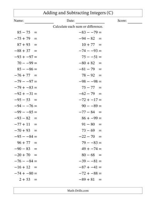 The Adding and Subtracting Mixed Integers from -99 to 99 (50 Questions; No Parentheses) (C) Math Worksheet