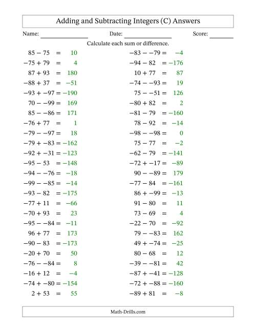 The Adding and Subtracting Mixed Integers from -99 to 99 (50 Questions; No Parentheses) (C) Math Worksheet Page 2