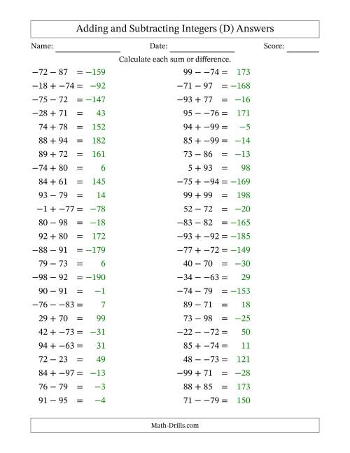 The Adding and Subtracting Mixed Integers from -99 to 99 (50 Questions; No Parentheses) (D) Math Worksheet Page 2