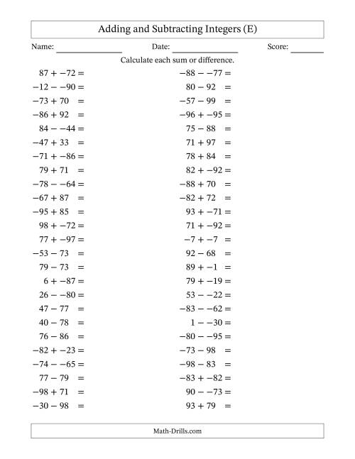 The Adding and Subtracting Mixed Integers from -99 to 99 (50 Questions; No Parentheses) (E) Math Worksheet