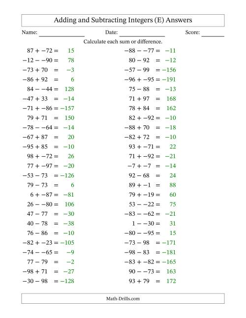 The Adding and Subtracting Mixed Integers from -99 to 99 (50 Questions; No Parentheses) (E) Math Worksheet Page 2