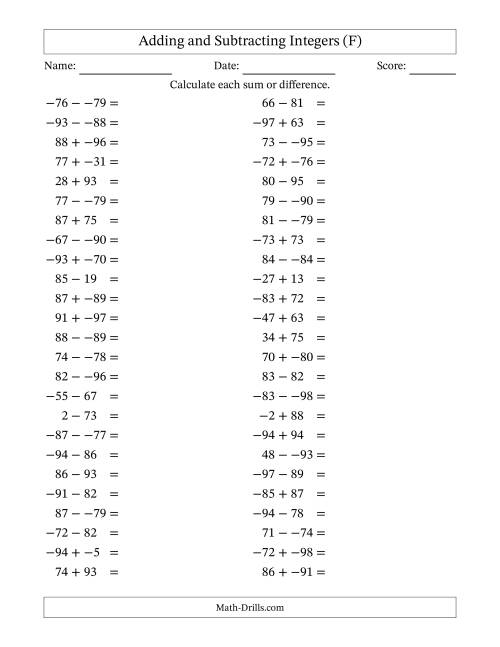 The Adding and Subtracting Mixed Integers from -99 to 99 (50 Questions; No Parentheses) (F) Math Worksheet