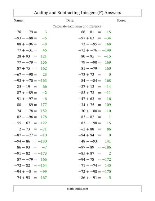 The Adding and Subtracting Mixed Integers from -99 to 99 (50 Questions; No Parentheses) (F) Math Worksheet Page 2