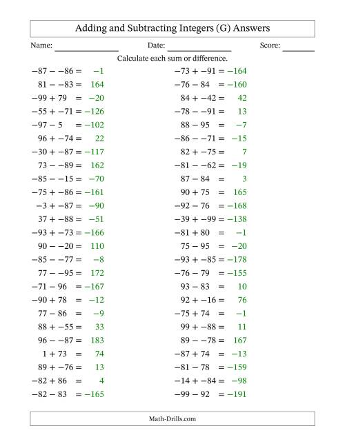 The Adding and Subtracting Mixed Integers from -99 to 99 (50 Questions; No Parentheses) (G) Math Worksheet Page 2