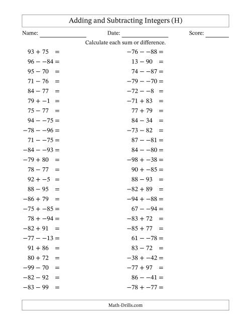 The Adding and Subtracting Mixed Integers from -99 to 99 (50 Questions; No Parentheses) (H) Math Worksheet