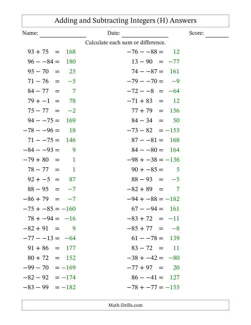 The Adding and Subtracting Mixed Integers from -99 to 99 (50 Questions; No Parentheses) (H) Math Worksheet Page 2