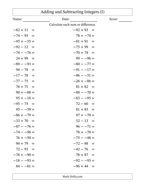 The Adding and Subtracting Mixed Integers from -99 to 99 (50 Questions; No Parentheses) (I) Math Worksheet