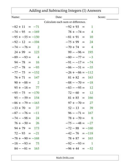 The Adding and Subtracting Mixed Integers from -99 to 99 (50 Questions; No Parentheses) (I) Math Worksheet Page 2