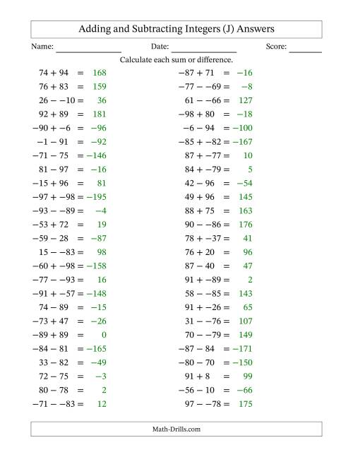 The Adding and Subtracting Mixed Integers from -99 to 99 (50 Questions; No Parentheses) (J) Math Worksheet Page 2