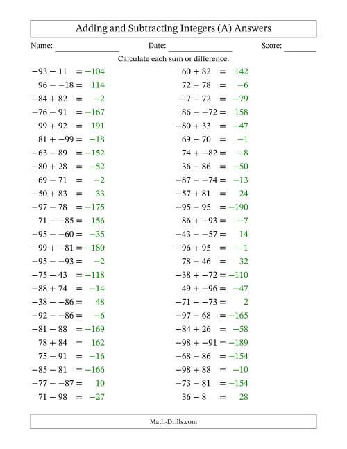 The Adding and Subtracting Mixed Integers from -99 to 99 (50 Questions; No Parentheses) (All) Math Worksheet Page 2