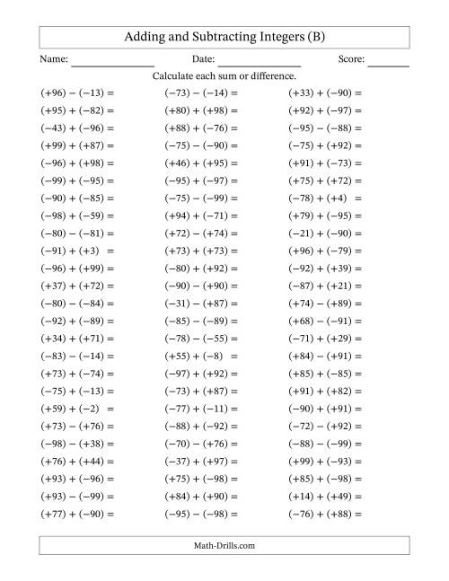 The Adding and Subtracting Mixed Integers from -99 to 99 (75 Questions; All Parentheses) (B) Math Worksheet