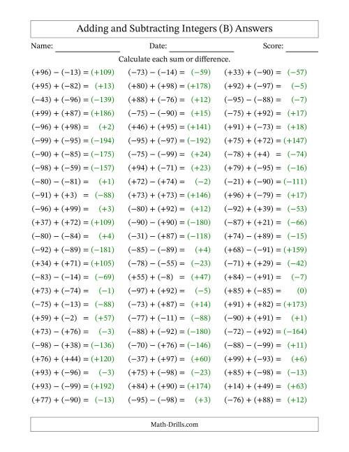 The Adding and Subtracting Mixed Integers from -99 to 99 (75 Questions; All Parentheses) (B) Math Worksheet Page 2