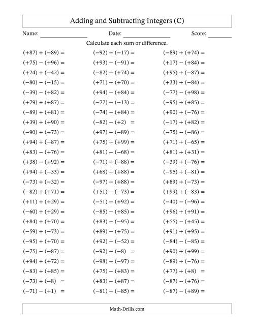 The Adding and Subtracting Mixed Integers from -99 to 99 (75 Questions; All Parentheses) (C) Math Worksheet