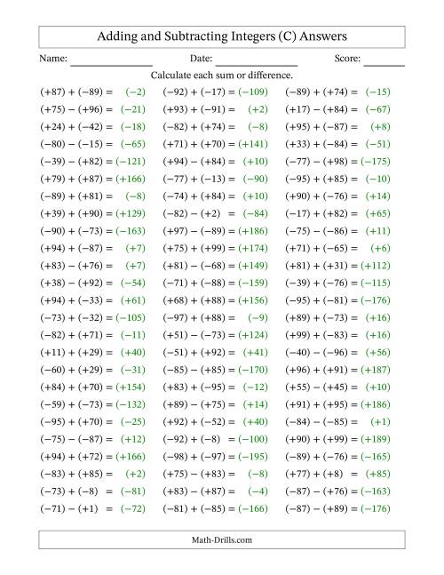The Adding and Subtracting Mixed Integers from -99 to 99 (75 Questions; All Parentheses) (C) Math Worksheet Page 2