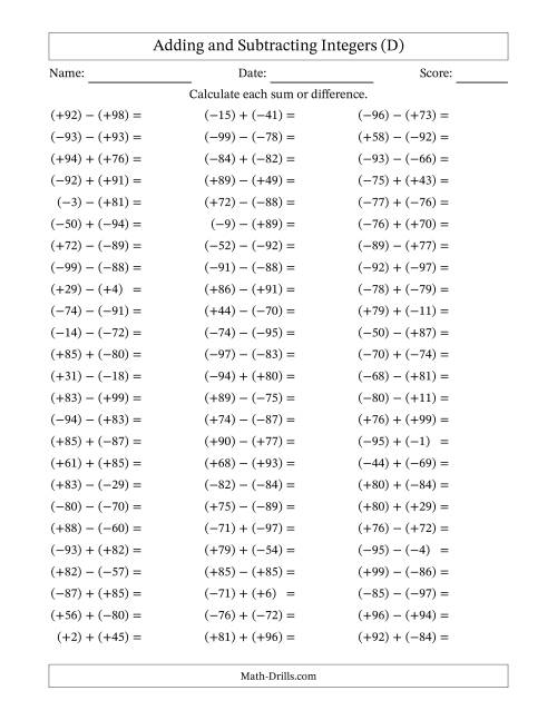 The Adding and Subtracting Mixed Integers from -99 to 99 (75 Questions; All Parentheses) (D) Math Worksheet